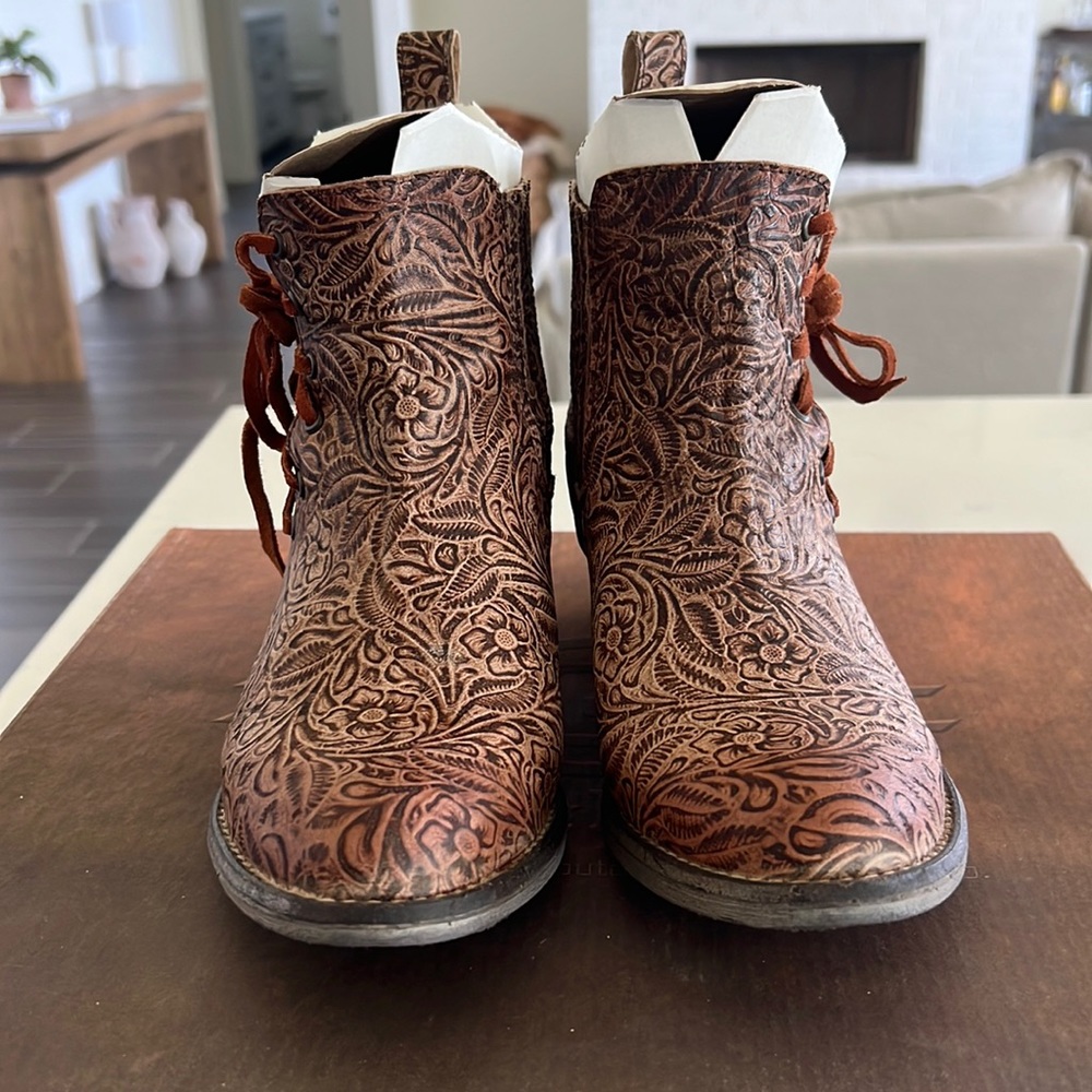 Circle G Brown Tooled Leather Ankle Boots